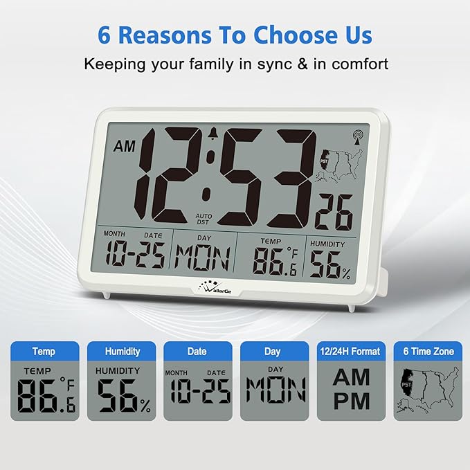 WallarGe Atomic Wall Clock with Backlight, Digital Wall Clock Battery Operated for Classroom, Bedroom, Office, Large Display with Indoor Temperature, Humidity, Date, AUTO DST, 6 Time Zones