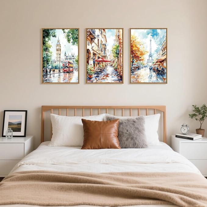 Watercolor European Cityscape Framed Canvas Wall Art Set,London Big Ben & Paris Eiffel Tower Street Scenery Wall Decor,Charming Landscape Artwork for Living Room, Bedroom,Office-16 x24 x3