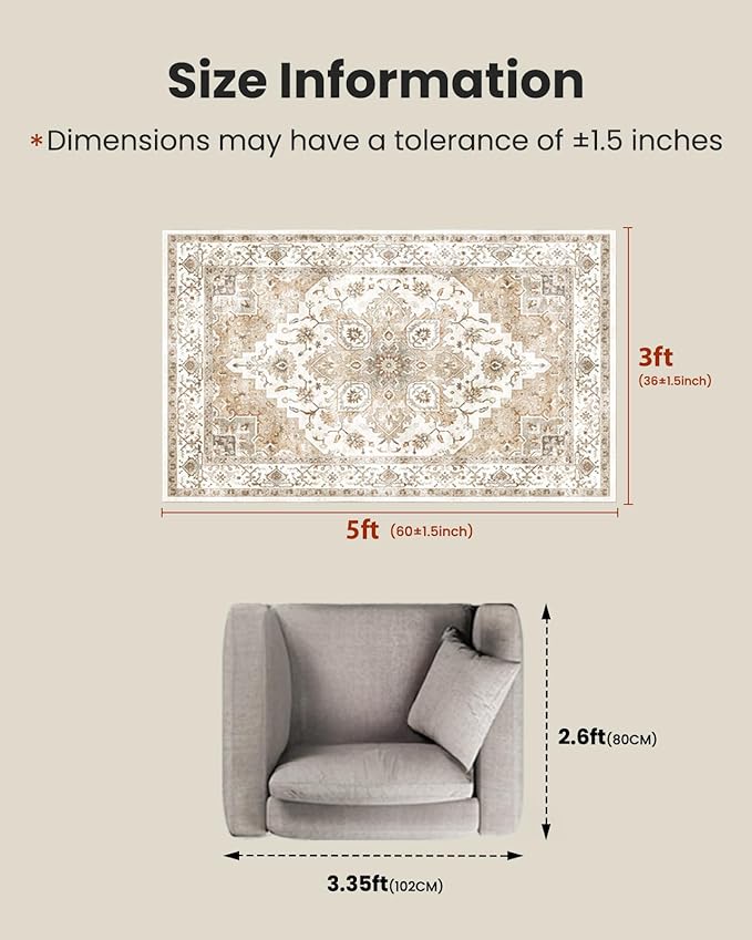 AMADA HOMEFURNISHING 3x5 Washable Area Rug, Low-Profile Entryway Rug with Non-Slip Backing & Durable Edge Binding, Vintage Rugs for Bedroom, Entryway & Kitchen
