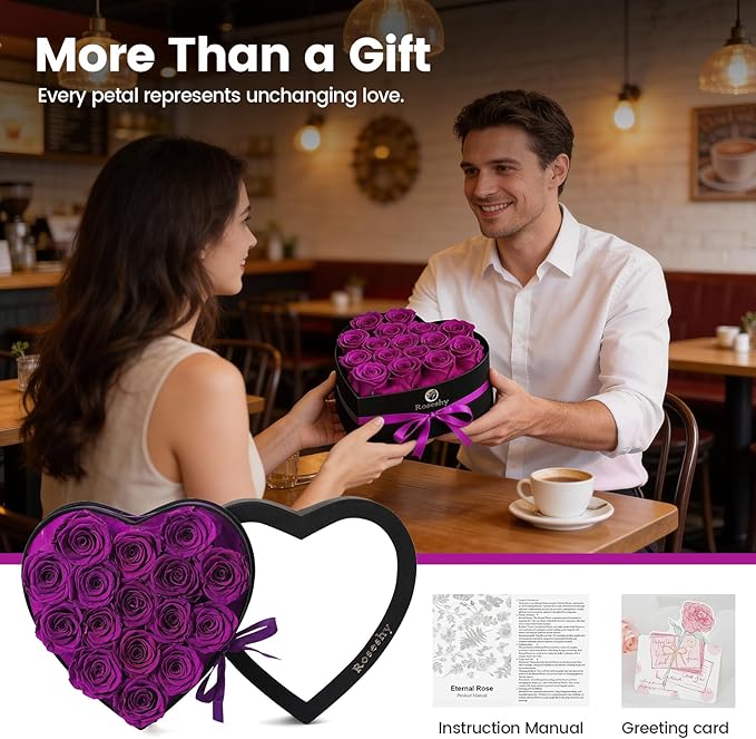 Valentines Day Flowers Roses Gifts for Her,16pcs Purple Forever Preserved Roses in Heart Shape Gift Box,Valentines Day Delivery Prime Gifts-Roses Gifts for Women,Mom.