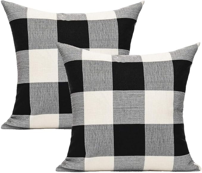 VAKADO 16x16 Inch Pack of 2 Farmhouse Buffalo Plaids Decorative Throw Pillow Covers Outdoor Classic Rustic Retro Square Cushion Cases Home Decor Check for Porch Couch Patio Bed, Black White