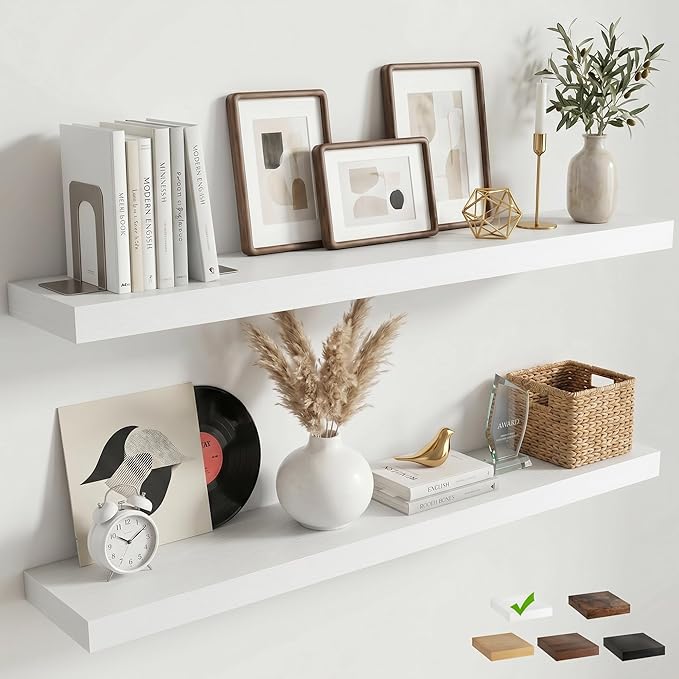 48 Inch Floating Shelves for Wall, 8"D Wood Storage Shelves, White Finish | Engineered Wood, Invisible Bracket, Large Storage, Easy Install, Hold Up to 77lbs, Living Room, Bathroom, Bedroom, Kitchen