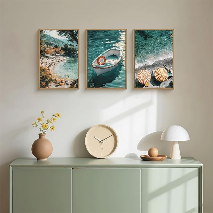 Aryroi Italy Spring Coastal Seascape Framed Canvas Wall Art Set,Mediterranean Amalfi Italian Blue Green Seaside Beach Decor,Natural Foreign Travel City Summer Artwork for Living Room,Farmhouse- 24"x36"x3