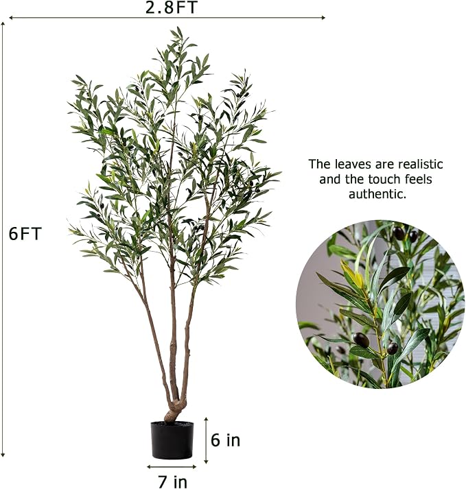 Erimda 6FT Artificial Olive Tree Tall Faux Silk Plant Tall Faux Olive Tree with Natural Wood Trunk & Lifelike Fruits Fake Potted Tree or Home Office Decor