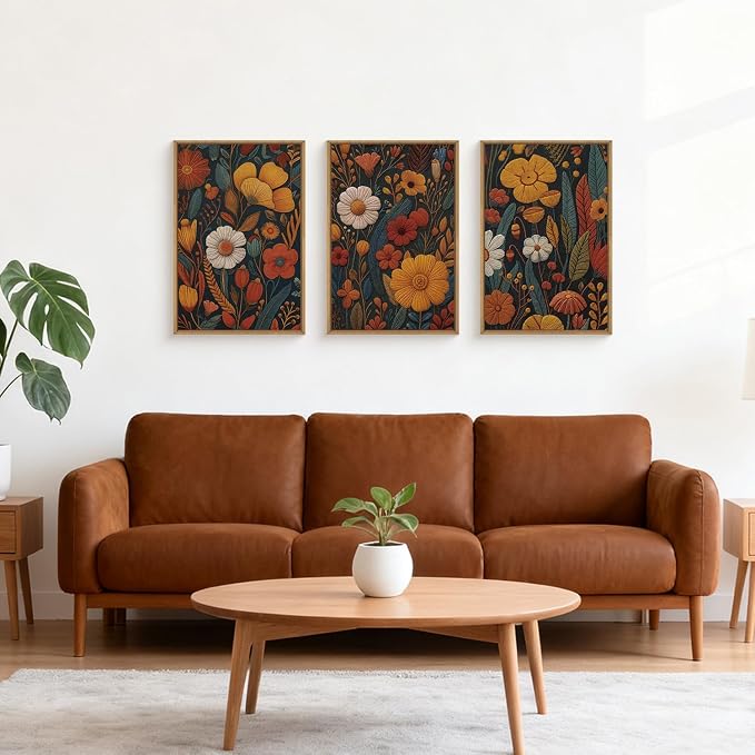 Large Boho Floral Framed Canvas Wall Art Set 16"x24"x3 | Vintage Orange Flowers Wall Decor Abstract Botanical Art Rustic Neutral Wildflower Artwork Bedroom Living Room Office