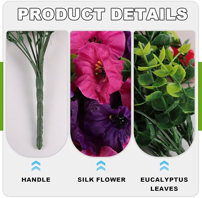 Fake Artificial Hanging Morning Glory Flowers for Outdoor Planters Porch Pation Decoration,2 Bundles UV Resistant Silk Faux Flowers with Realistic Eucalyptus Plants for Home Office Garden Decor