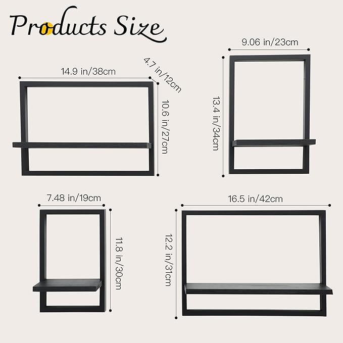 PHOENANCEE Square Floating Shelves,Framed Wall Shelf Decorative Set of 4,Modern Plants Hanging Display Art Decor Storage for Livingroom Bedroom Bathroom Farmhouse,Home Light Wood,Rustic Black