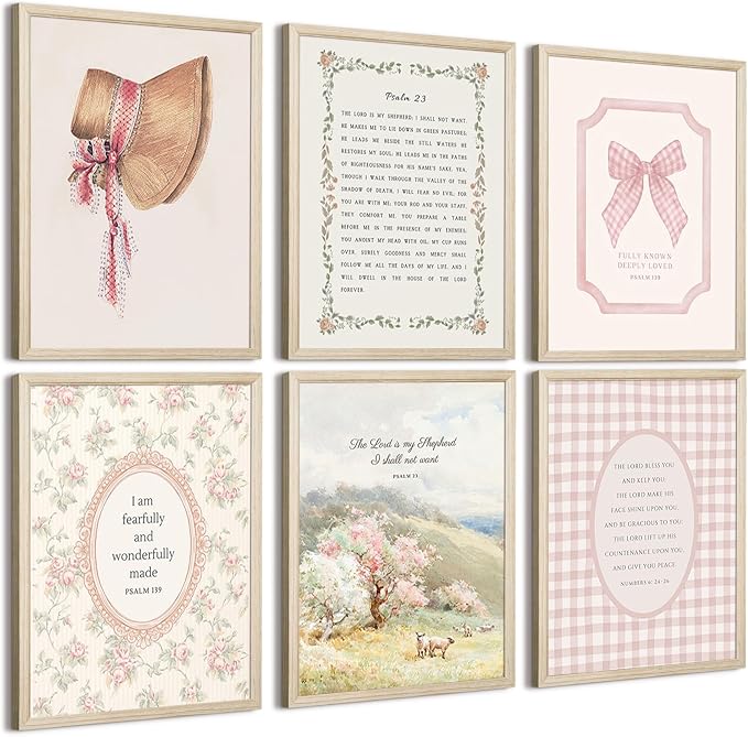Christian Nursery Wall Art Bible Verse Canvas Wall Decor Pink Vintage Girls Nursery Poster Scripture Floral Bow Print Coquette Room Decor Pictures Jesus Artwork for Bedroom 12x16x6 Inch Wood Framed