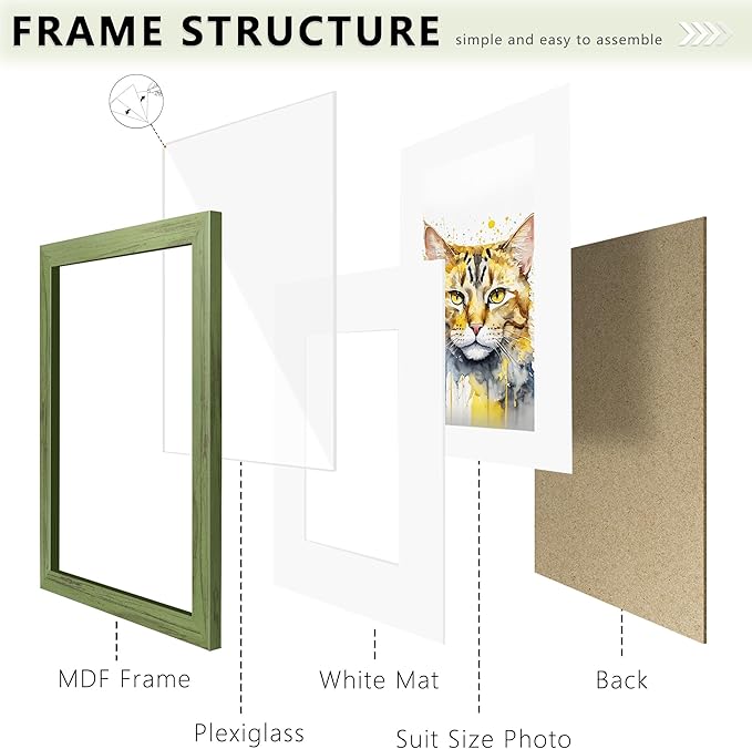 Picrit 11x17 Picture Frame Set of 12, Display 8x12 with Mat or 11x17 without Mat, Photo Frames for Wall Mounting Display, Green Wood Grain