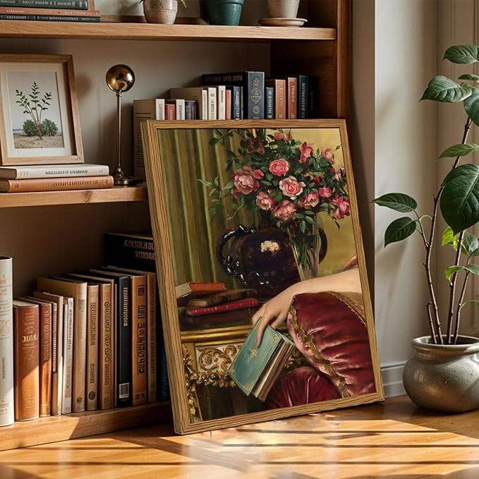 Framed Vintage Wall Art, Moody Victorian Wall Decor Paintings, Mid Century Modern Antique Book Woman Still Life Canvas Prints Pictures Home Decor Aesthetic for Living Room Bedroom Bathroom 16x24 inch