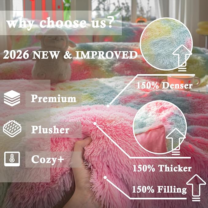 chovy Faux Fur Plush Tie-Dyed Colorful Pink Comforter Sets Full/Queen - Ultra Soft Shaggy Flannel Velvet Fluffy Fuzzy 3PC Bedding Set （Comforter x 1 Pillowcases x 2）