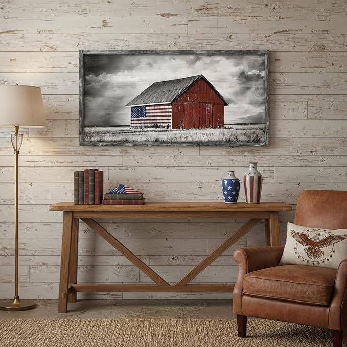 Barn Wall Art Wood Picture: Large Farmhouse Country American Flag Framed Painting Decor Black White Rustic Farm Countryside Landscape Artwork Panoramic Horizontal Rural Nature Scene Print for Living Room Bedroom