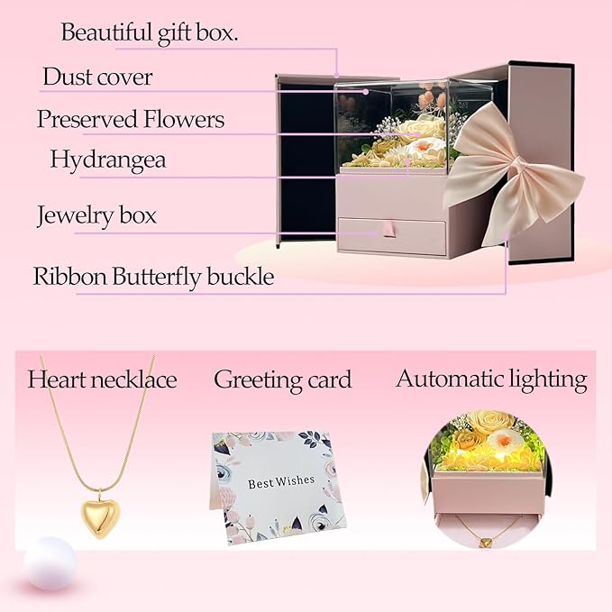 Preserved Flowers in A Gift Box with Bow - Forever Yellow Roses with Gold Heart Necklace for Her - Valentines Day Mother's Day Birthday Anniversary for Women Wife Mom Grandma (Yellow)