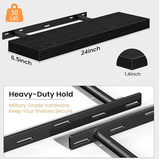 Fun Memories Floating Shelves for Wall, 24 Inch Set of 2 Rustic Wood Wall Shelves with Invisible Brackets, Heavy Duty Storage Display for Living Room Bedroom Kitchen, Black