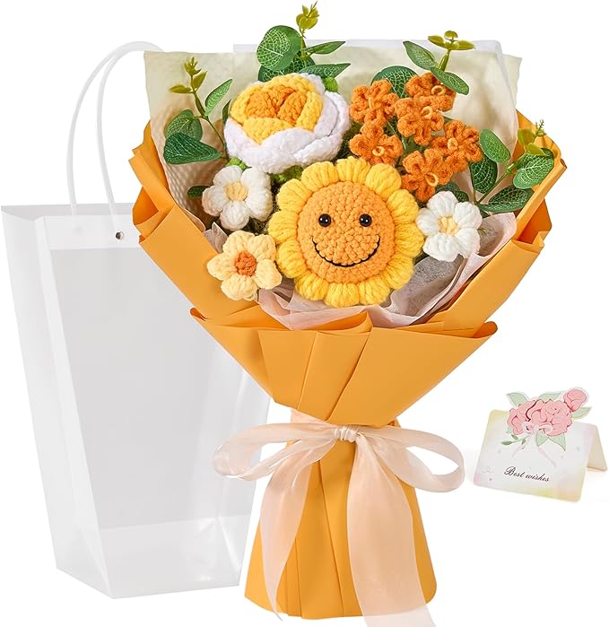 Alecono Crochet Flower Bouquet, Orange Smile Sunflower Knitted Flowers, Handmade Bouquet of Flowers for Mother's Day Graduation Anniversary Birthday Party Valentine's Day Gifts (Include Card)