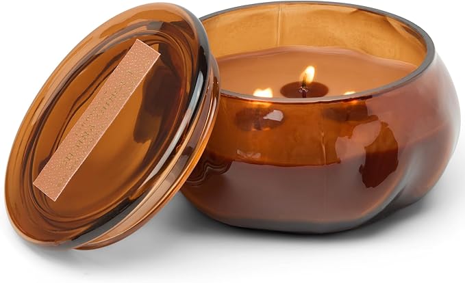 Paddywax Basalt Collection Scented Candle, Soy Wax Blend Glass Jar with Lid, Reusable Home Décor Candle, 10 oz, Amber Vessel, Sienna Sunset