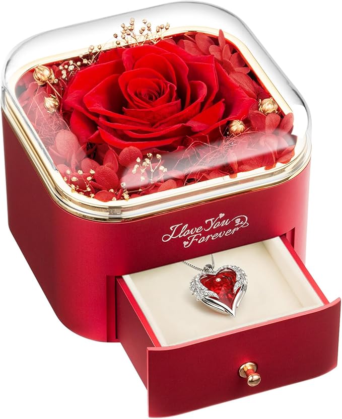 NEWNOVE Gifts for Her, Preserved Real Red Rose with Angle Wings Necklace, Forever Flowers Gifts for Mom Grandma Wife Girlfriend at Christmas, Valentines, Anniversary or Birthday Gifts for Women