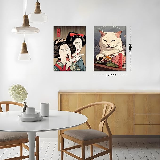 Funny Anime Posters Japanese Decor Set of 2 - Woman Yelling at Cat Canvas Wall Art, Vintage Anime Cat Wall Decor for Living Room, Corridor, Kitchen Home Decor - 12x16 in Framed