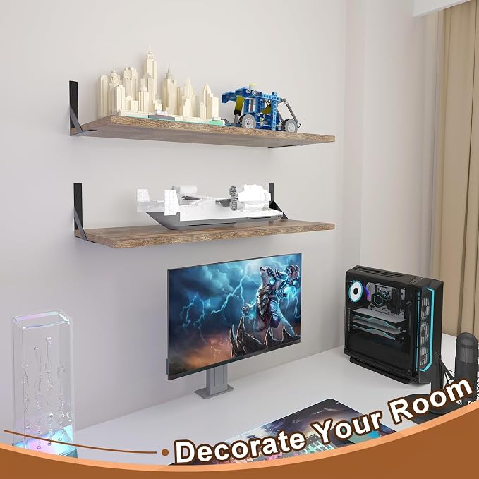Large Wall Shelves, 31.5" W x 12" D Long Floating Shelves Set of 2, Wide Display Wood Shelf Wall Mounted with Heavy-Duty Metal Brackets for Bedroom Books, Living Room, Kitchen, Rustic Brown