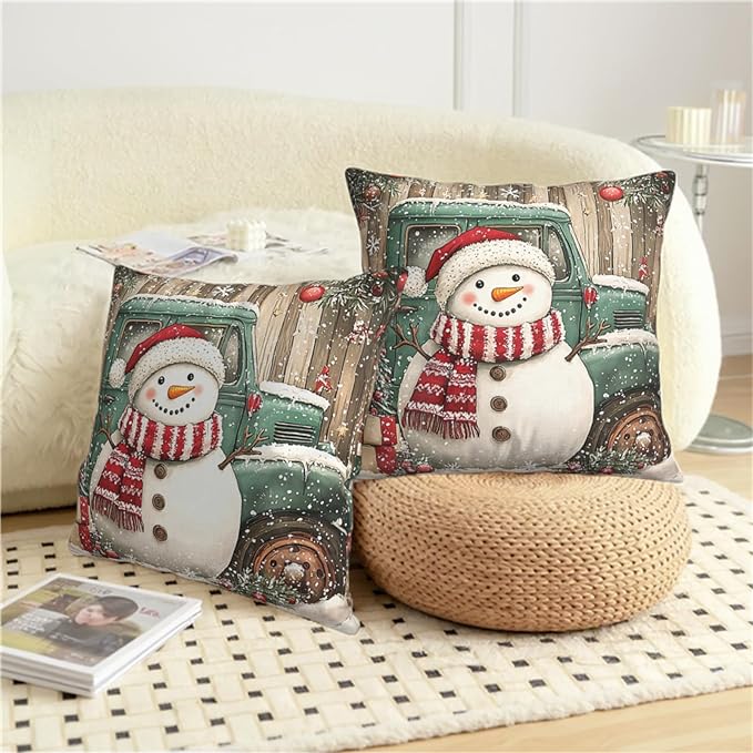 Christmas Snowman Pillow Covers 24x24 Set of 2 Green Xmas Truck Throw Pillow Covers Wooden Pattern Background Pillowcase Winter Holiday Cushion Case for Living Room Sofa Couch
