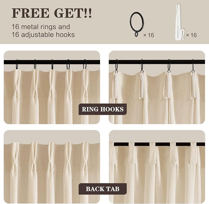 90 Inch Curtains Pinch Pleated Linen Curtain for Living Room, Floor to Ceiling Sand Beige Light Filtering Pleat Drapes Textured Thick Semi-Sheer Curtains with Hooks for Bedroom Farmhouse, 2 Panels