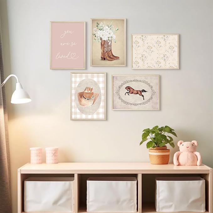 Cowgirl Nursery Wall Art Coquette Western Girl Poster Vintage Horse Floral Canvas Pictures Aesthetic Pink Preppy Room Wall Decor Rustic Cowgirl Prints for Girls Bedroom 12x16x5 Inch Wood Framed