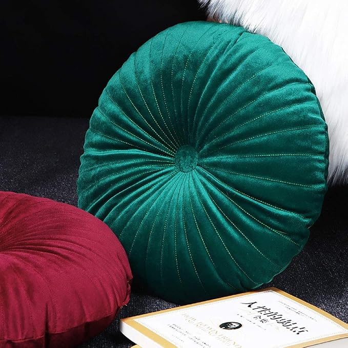 Teieas Velvet Round Throw Pillow Pleated Round Pillow Cushion Decoration for Couch Chair Bed Car Emerld Green