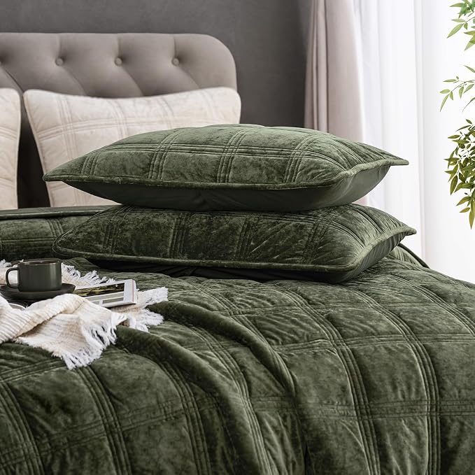 PHF Ultra Soft Velvet Quilt Set King Size – 3PCS Luxurious Cozy Quilted Comforter Alternative with Diamond Pattern, Warm Quilted Bedspread Coverlet, 108" x 92", Smokey Olive