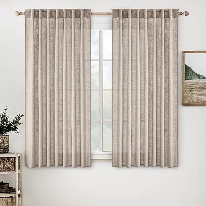 MIULEE Natural Linen Curtains 63 Inch Length 2 Panels for Bedroom Living Room, Soft Linen Textured Window Drapes Semi Sheer Light Filtering Back Tab Rod Pocket Farmhouse Modern Burlap Look Decor
