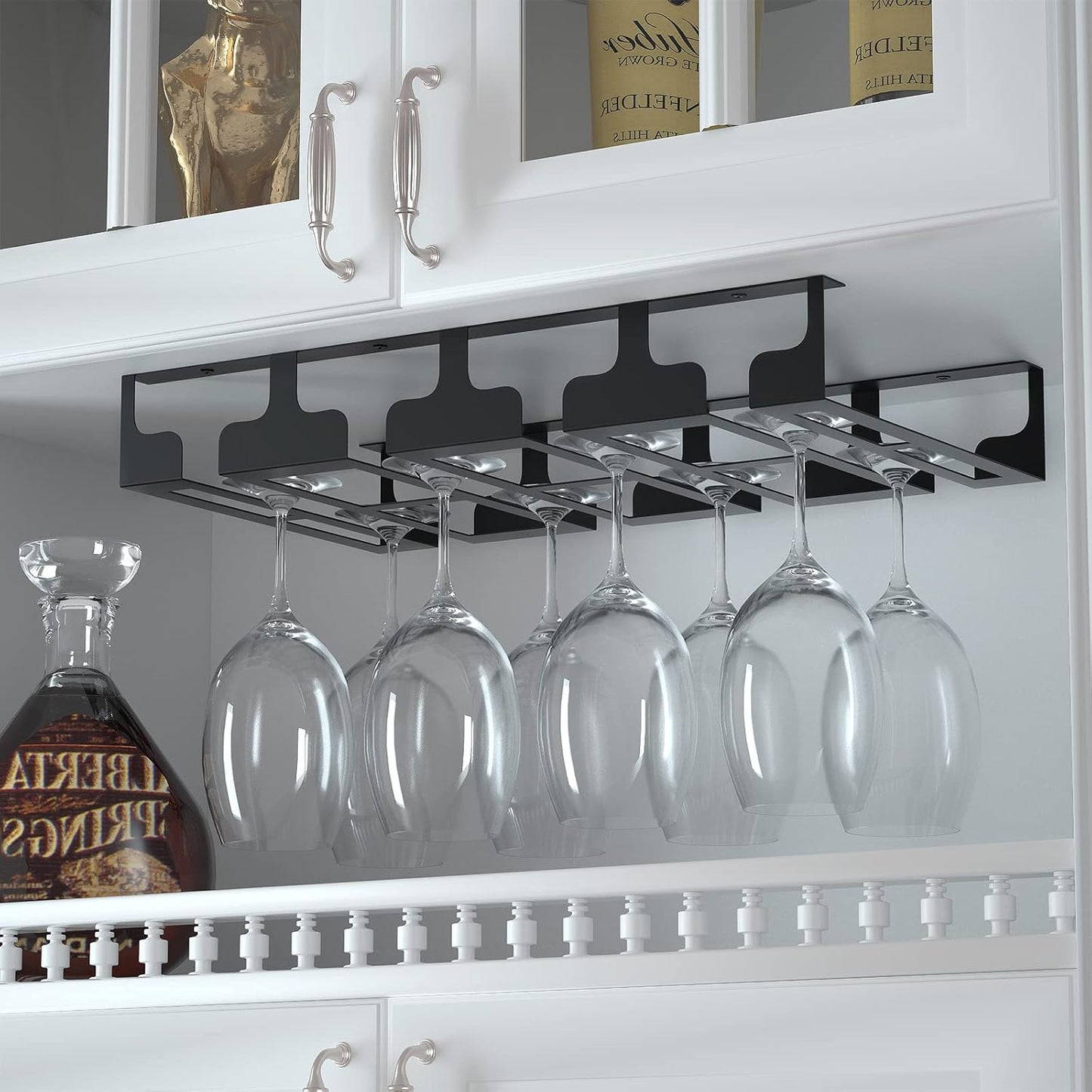 Wine Glass Rack - Under Cabinet Stemware Wine Glass Holder Glasses Storage Hanger Metal Hanging Organizer for Bar Kitchen 4 Rows Black