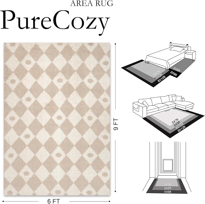 PureCozy Checkered Rug 6x9 Fluffy Shag Living Room Beige Area Rug Modern Washable Carpet Soft Shaggy Non Slip Indoor Plush Fuzzy Rugs for Bedroom Dorm Office Home Aesthetic Decor