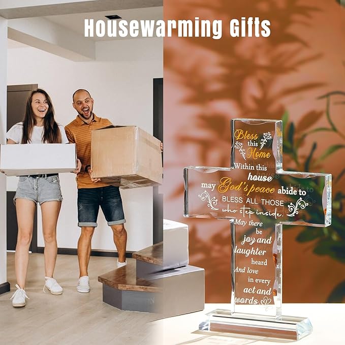 Ornalrist Housewarming Gifts New Home Glass Stand Cross Religious Keepsake, House Warming Gift for Couples, Women, Men - Christian Families Decor
