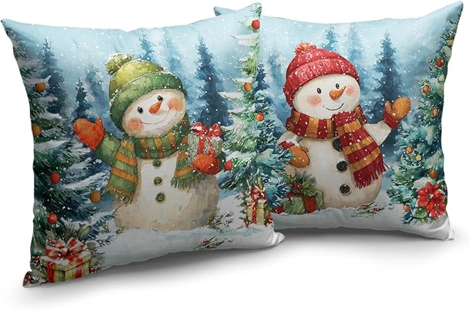 Lovely Green and Red Snowman Pillow Covers Christmas Throw Pillow Covers 20x20 Set of 2 Winter Xmas Tree Pine Forest Pillowcase Holiday Cushion Case for Couch Sofa
