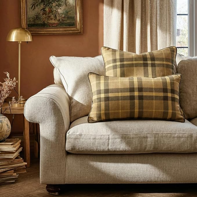 bilin gaier Designer Linen Throw Pillow Covers,20"x12" Set of 2-Seville BN | Vintage Elegant Rectangle Pillow Cover,Concealed Zipper,Plaid Print Pattern,Sofas,Bedroom,Living Room,Lounge Chairs