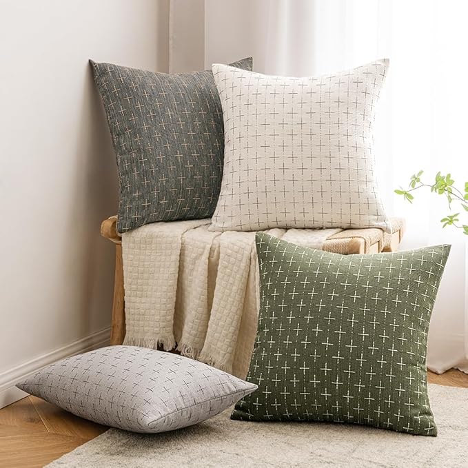 MIULEE Pack of 2 Decorative Vintage Burlap Linen Spring Throw Pillow Covers Modern Farmhouse Pillowcase Rustic Woven Textured Cushion Cover for Sofa Couch Bed 18x18 Inch Olive Green