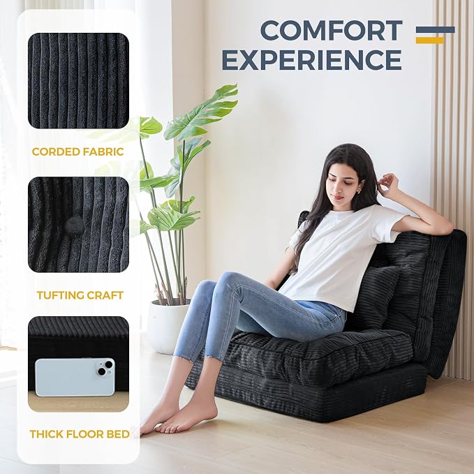 MAXYOYO Folding Sofa Bed, Tufted Bean Bag Bed with Pillows Floor Couch for Adults, Extra Thick and Long Floor Sofa, Single Couch for Bedroom Living Room, Black, 30x91 Inch