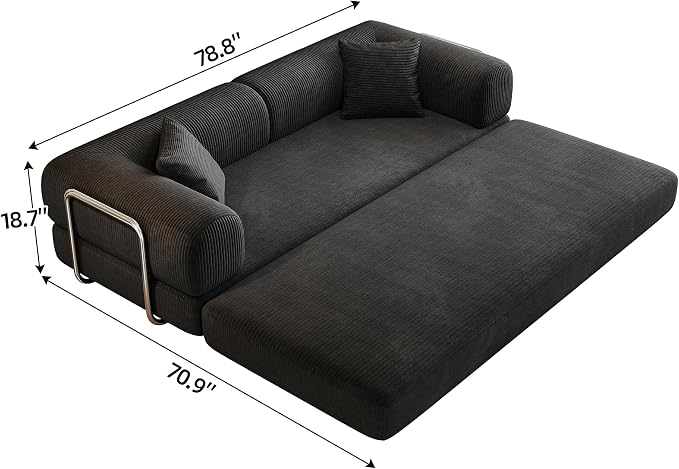 JINGLING 79" Queen Sleeper Sofa Bed with Memory Foam, Compressed Couch in a Box, Foldable Convertible Small Couches for Small Spaces Bedroom Game Room, Corduroy Fabric, Black