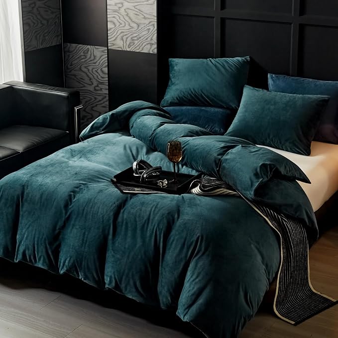 WARMDERN Peacock Blue Flannel Velvet Duvet Cover Queen Size Duvet Cover Bedding Sets, 3pcs Ultra Soft Luxury Textured Modern Crystal Velvet Duvet Covers with Zipper Closure(Peacock Blue, Queen)