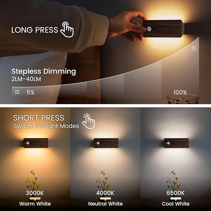 Wooden Motion Sensor Night Light, LED Backlit Nightlight, Rechargeable Light with Two-Sided Glow for Decor, Magnetic Stick-on, 3CCT Dimmable Lights for Hallway, Bedroom, Stairs