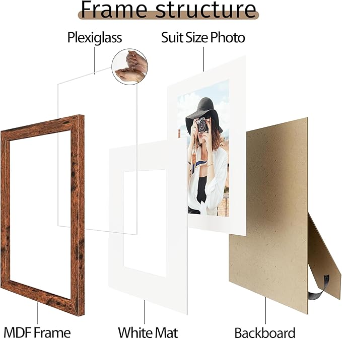 Picrit 9x12 Picture Frame Set of 12, Display 6x8 with Mat or 9x12 without Mat, Photo Frames for Wall Mounting or Table Top Display, Brown