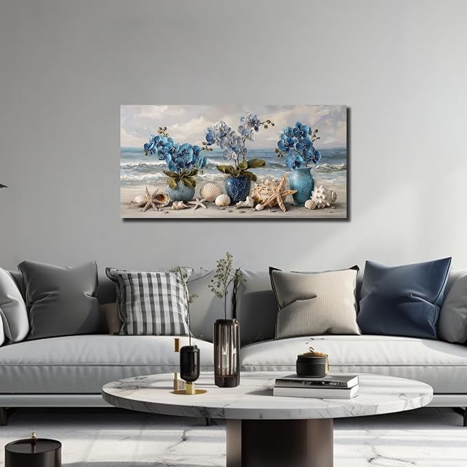 AOZEMI Blue Wall Art Beach Ocean Wall Decor Flower Canvas Art Coastal Seascape Pictures Floral Vase Poster Starfish Conch Shell Print Art for Bedroom Bathroom Living Room Office 20"x 40"