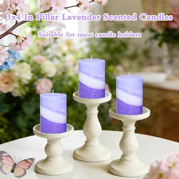 Lavender Scented Pillar Candles, Purple and White Striped, 3x4 Inch, 100% Cotton Core Handmade Paraffin Wax Candles for Bathroom Living Room Home Decor, Set of 3