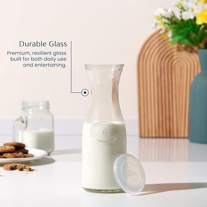 Kook Mini Glass Carafes with Lids, Small Beverage Pitchers for Fridge, Jugs for Water, Wine, Milk, Juice, 24 oz, Set of 4