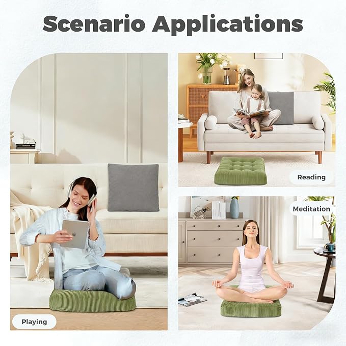 Floor Cushion Green Portable Chair Pads with Handle 2 Pack, 18x18 Inch Tufted Velvet Square Floor Cushions, Comfortable Seats for Kitchen Bar Stools & Patio
