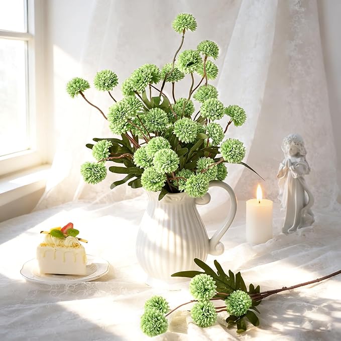 Waipfaru 10pcs Fake Flowers, Artificial Pompon Mums , Bulk Faux Chrysanthemums Flowers for Indoor Home Decorations, Boho Decor, Green, No vase