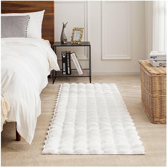 Ashler Faux Rabbit Fur Rug, White 2x6 FT Fluffy Soft Runner Area Rugs, Rectangle Fuzzy Carpet for Living Room, Bedroom, Machine Washable - 3D Bubble Mat