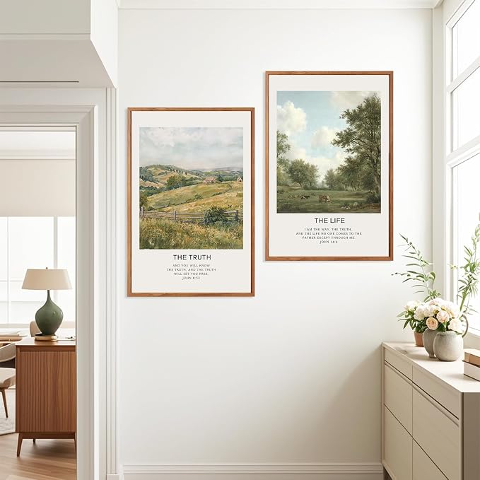 LHIUEM Christian Bible Verse Framed Canvas Wall Art,Vintage Jesus Wall Decor,Religious Scripture Landscape Painting,Natural The Way The Truth Artwork for Living Room,Bedroom,Dining Room -24"x36"x3