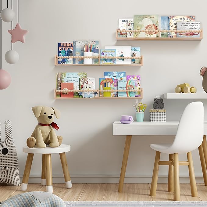 birola Nursery Book Shelves for Kids Rooms - 32 Inches Floating Wall Bookshelves Set of 3, Space-Saving Nursery Shelves with Beads Design for Kids Room, Bedroom and Study Room(Natural)