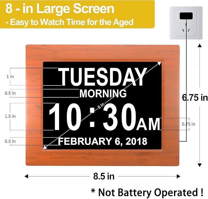 New 2026 Digital Calendar Alarm Day Clock - with 8" Large Screen Display, am pm, Multiple Alarms, for Impaired Vision People, The Aged Seniors, for Desk, Wall Mounted, Wood