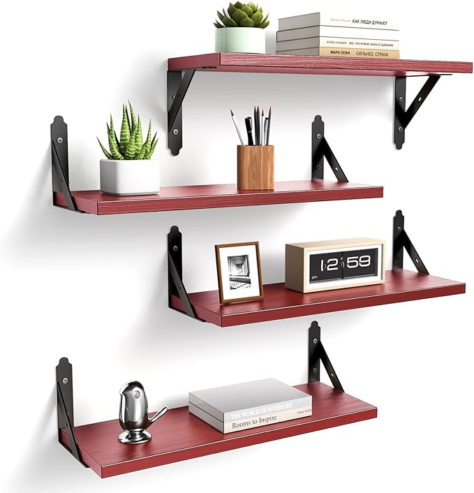 ROMGUAR CRAFT Wood Floating Shelves Set of 4, Rustic Storage Decor Wall Shelves, Wall Mounted Shelf for Living Room, Bedroom 17" x 6", Red